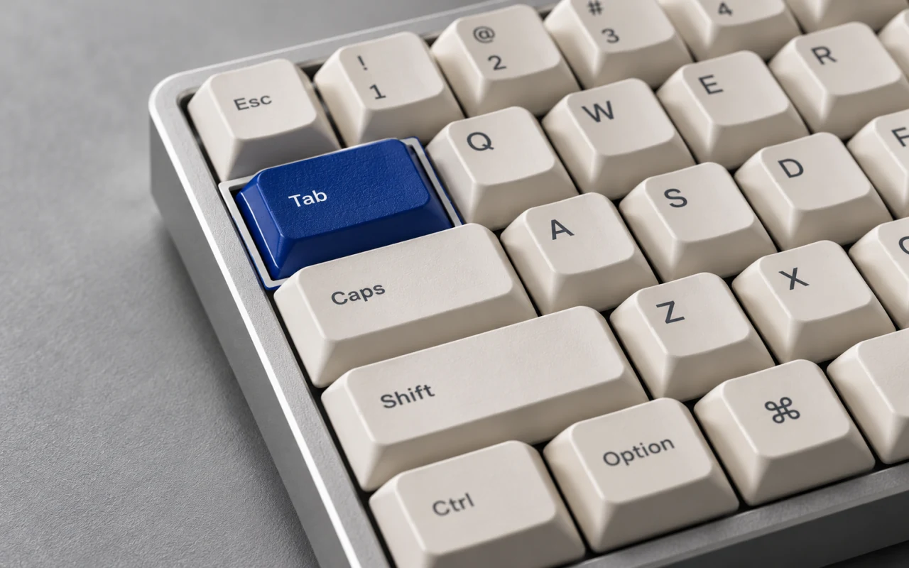 Produktmockup einer Tastatur mit hervorgehobener Tab-Taste