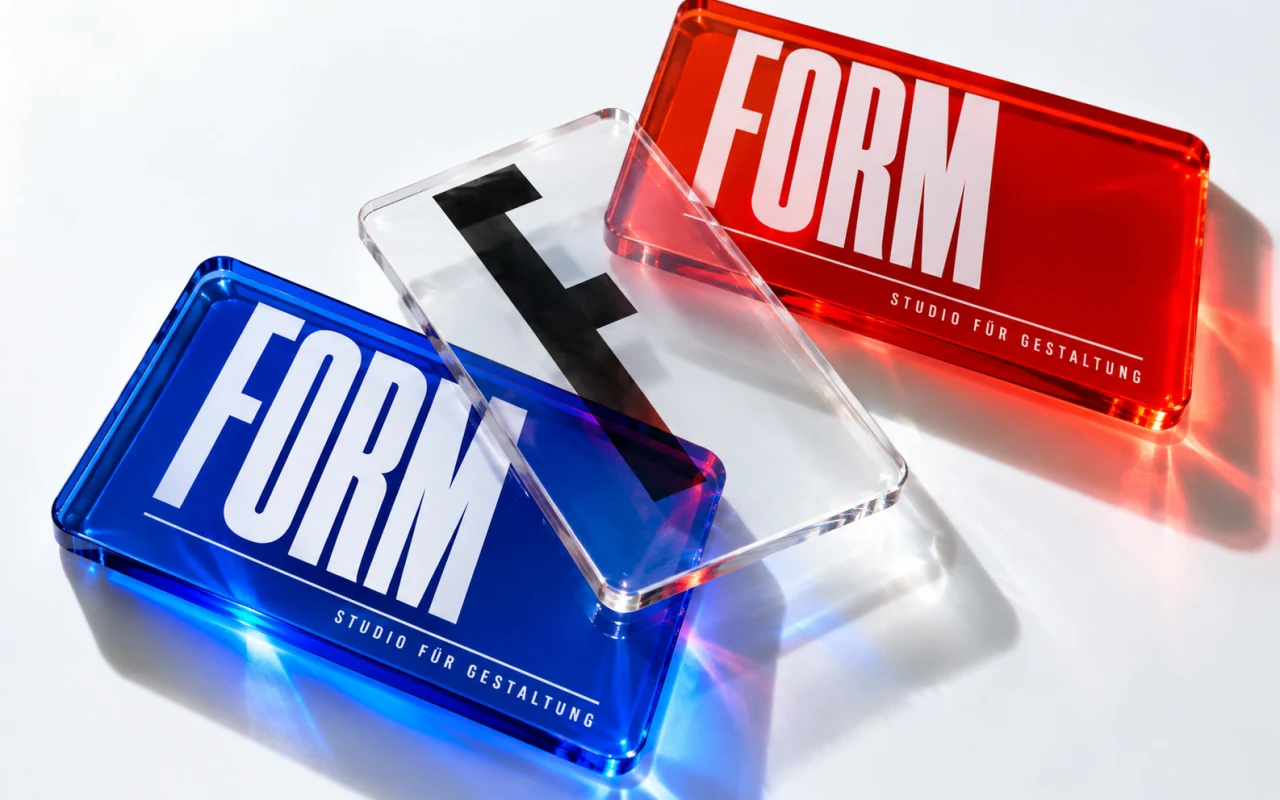Transparente Visitenkarten mit roter und blauer Form-Typografie auf glänzendem Weiß