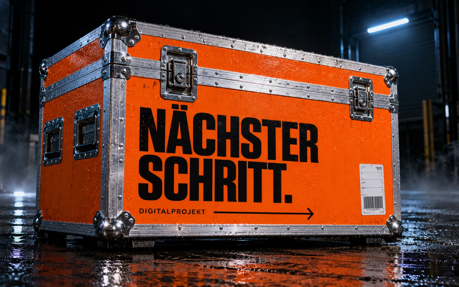 Orangefarbener Transportkoffer mit typografischem Projektlabel auf einem nächtlichen Verladedeck