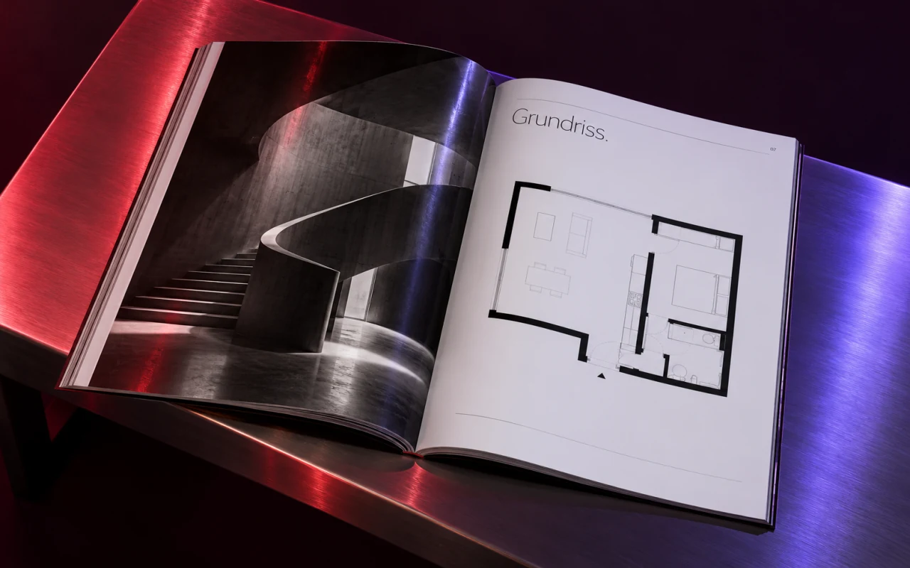 Glänzendes Immobilien-Exposé auf Chrom unter violettem und rotem Studiolicht