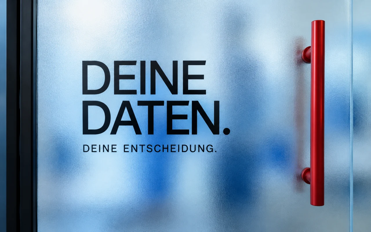 Satinierte Glasfläche mit klarer Datenschutz-Typografie und rotem Metallgriff