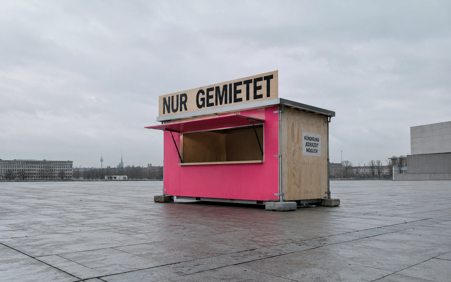 Pinker Holzkiosk auf Betonblöcken mit dem Schild Nur gemietet und dem Hinweis Kündigung jederzeit möglich auf einem leeren Platz