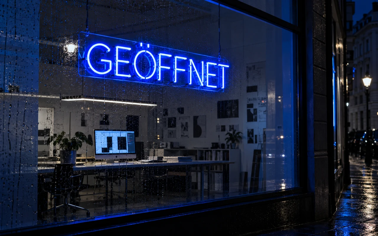 Leuchtschrift Geöffnet im Schaufenster eines Designstudios bei Nacht