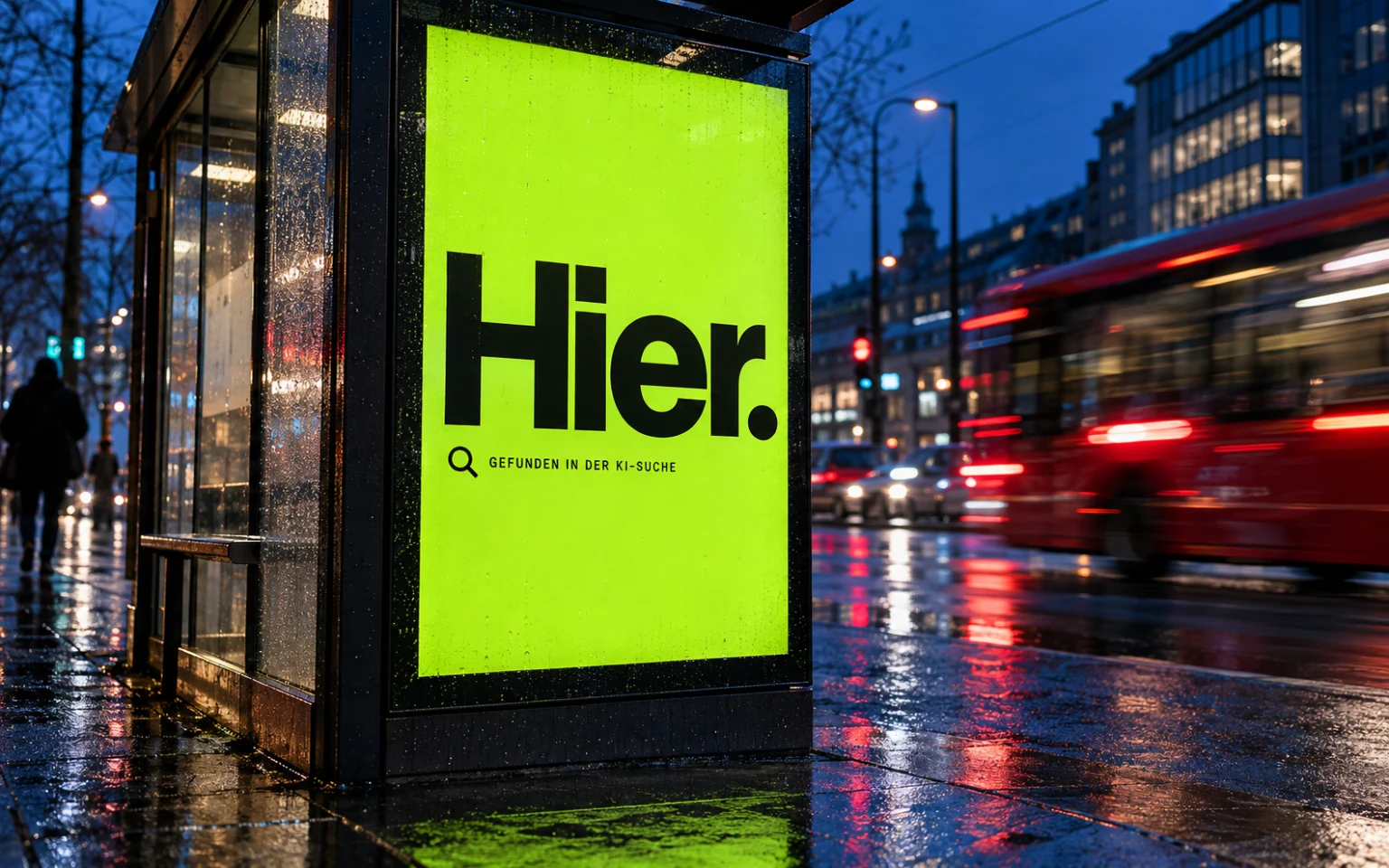 Leuchtendes Suchkampagnen-Plakat an einer regennassen Haltestelle bei Nacht