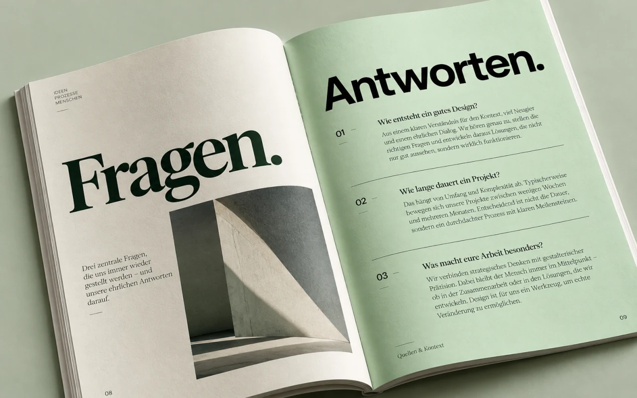 Editoriales Magazin-Mockup mit klar gegliederten Fragen und Antworten