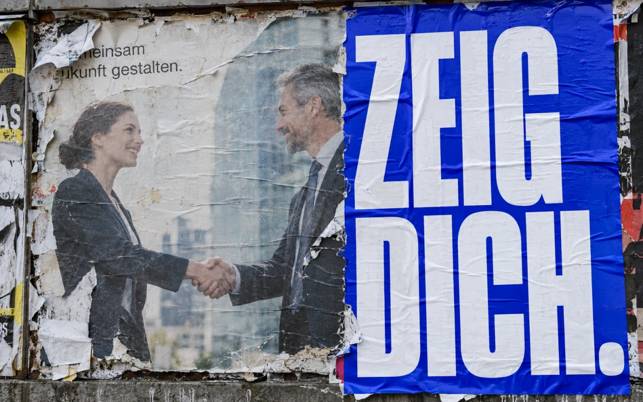 Abgegriffenes Stockfoto eines Handschlags auf einem halb überklebten Plakat