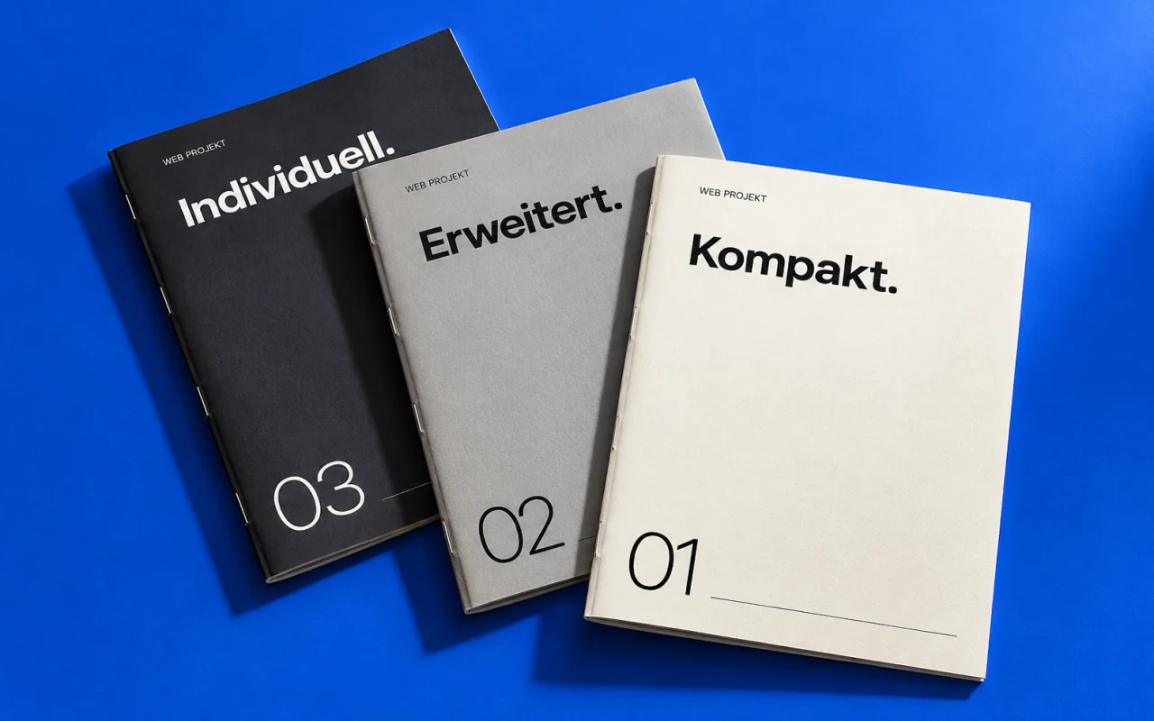 Drei typografisch gestaltete Angebotshefte für unterschiedliche Website-Umfänge