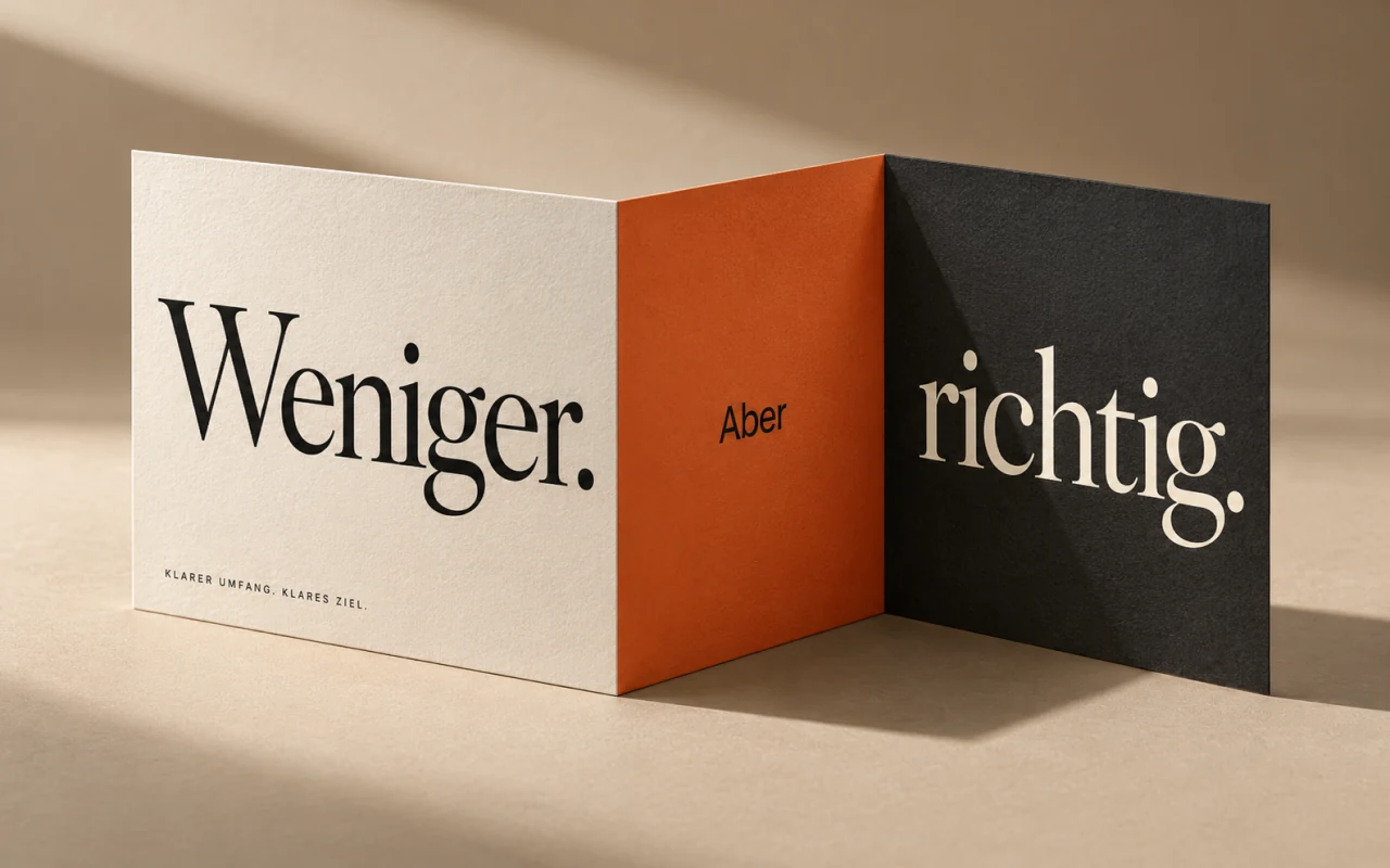 Minimalistisches Faltblatt-Mockup mit dem Schriftzug Weniger. Aber richtig.