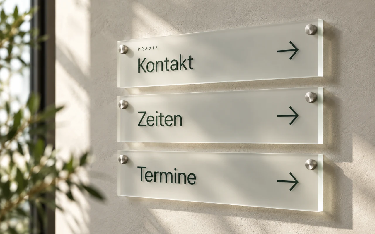 Praxis-Signaletik als Acrylmockup mit den Bereichen Kontakt, Zeiten und Termine