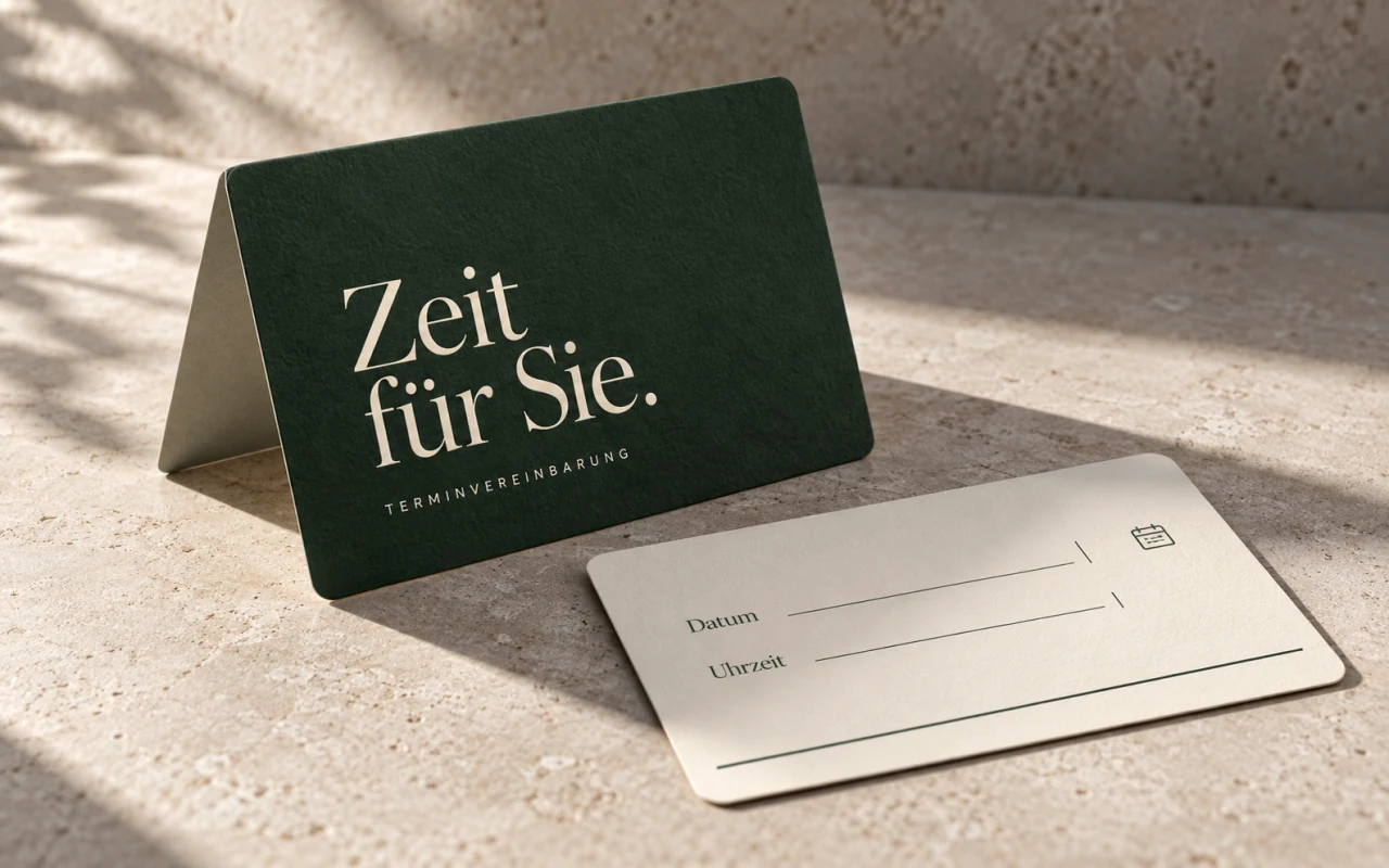 Termin-Karten als Drucksortenmockup in Dunkelgrün und Creme