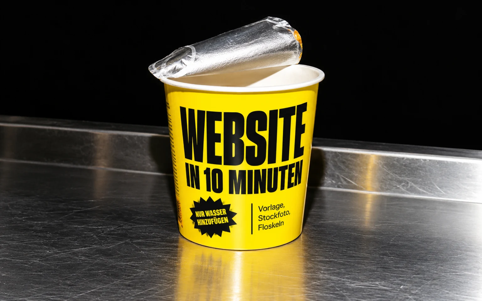 Gelber Instant-Becher mit dem Aufdruck Website in 10 Minuten und Nur Wasser hinzufügen auf einem Edelstahltresen