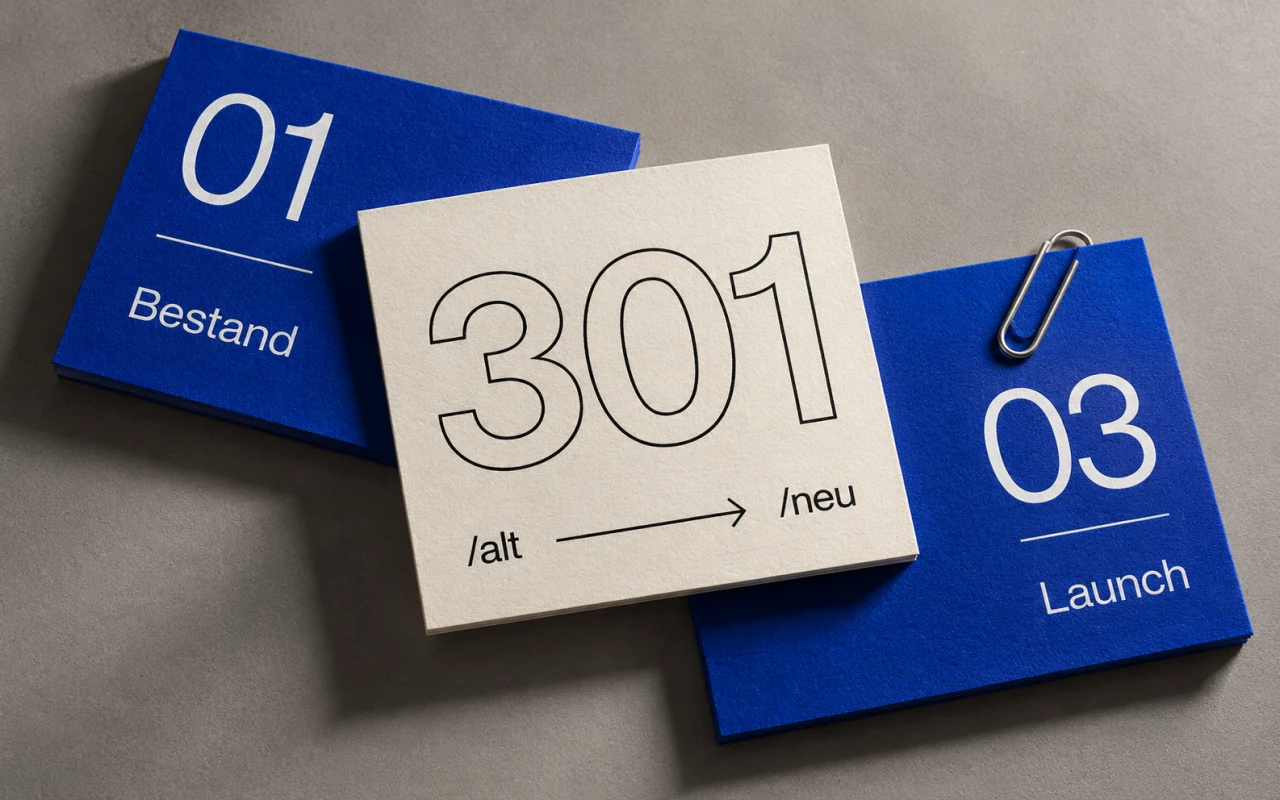 Gestaltete Relaunch-Planung mit drei Karten für Bestand, Zuordnung und Launch