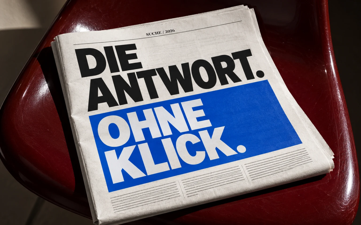 Typografische Zeitung mit der Schlagzeile Die Antwort. Ohne Klick. auf einem dunkelroten Stuhl