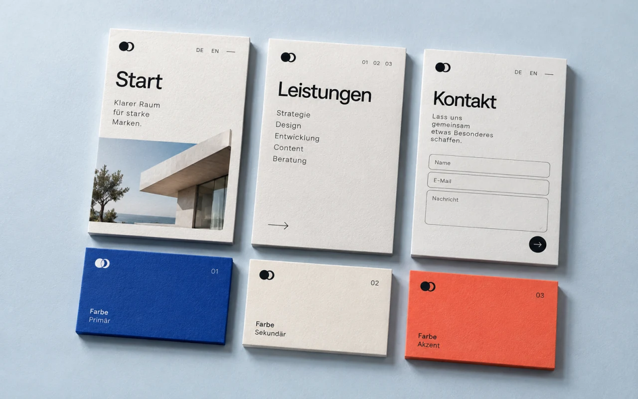 Modulares Karten-Mockup für die Website-Seiten Start, Leistungen und Kontakt