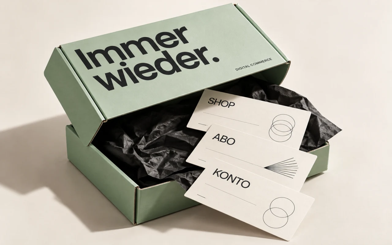 E-Commerce-Verpackungsmockup mit typografischen Karten für Shop, Abo und Konto